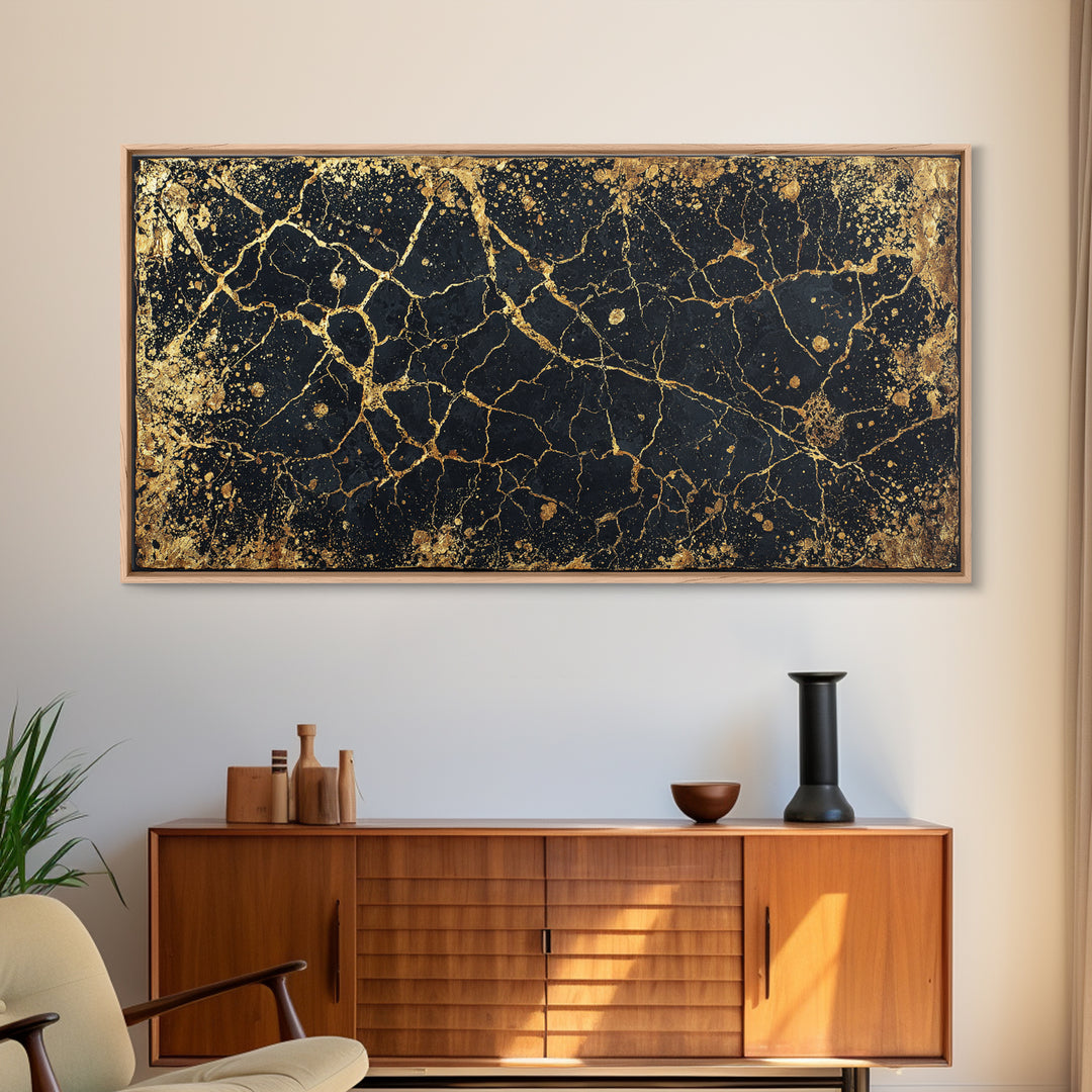 Black Gold Cracked Marble Wall Art, Abstract African Art Print, Luxury Canvas Decor, Earth Tone Textured Statement Piece