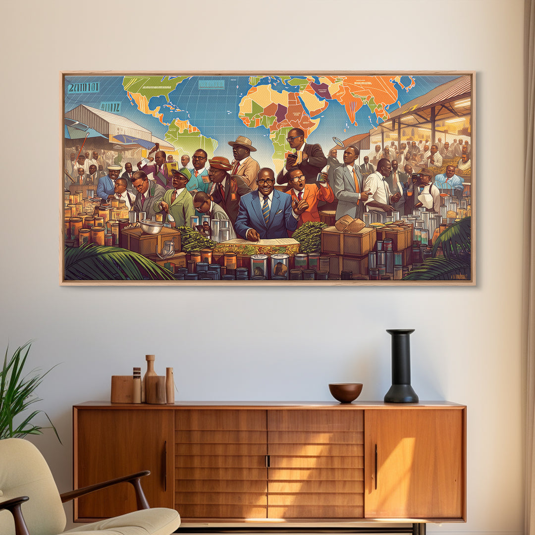 African Market Trade Scene Canvas Print, Pan African Map Wall Decor, Black History Art, Cultural Office Decor Gift For Him