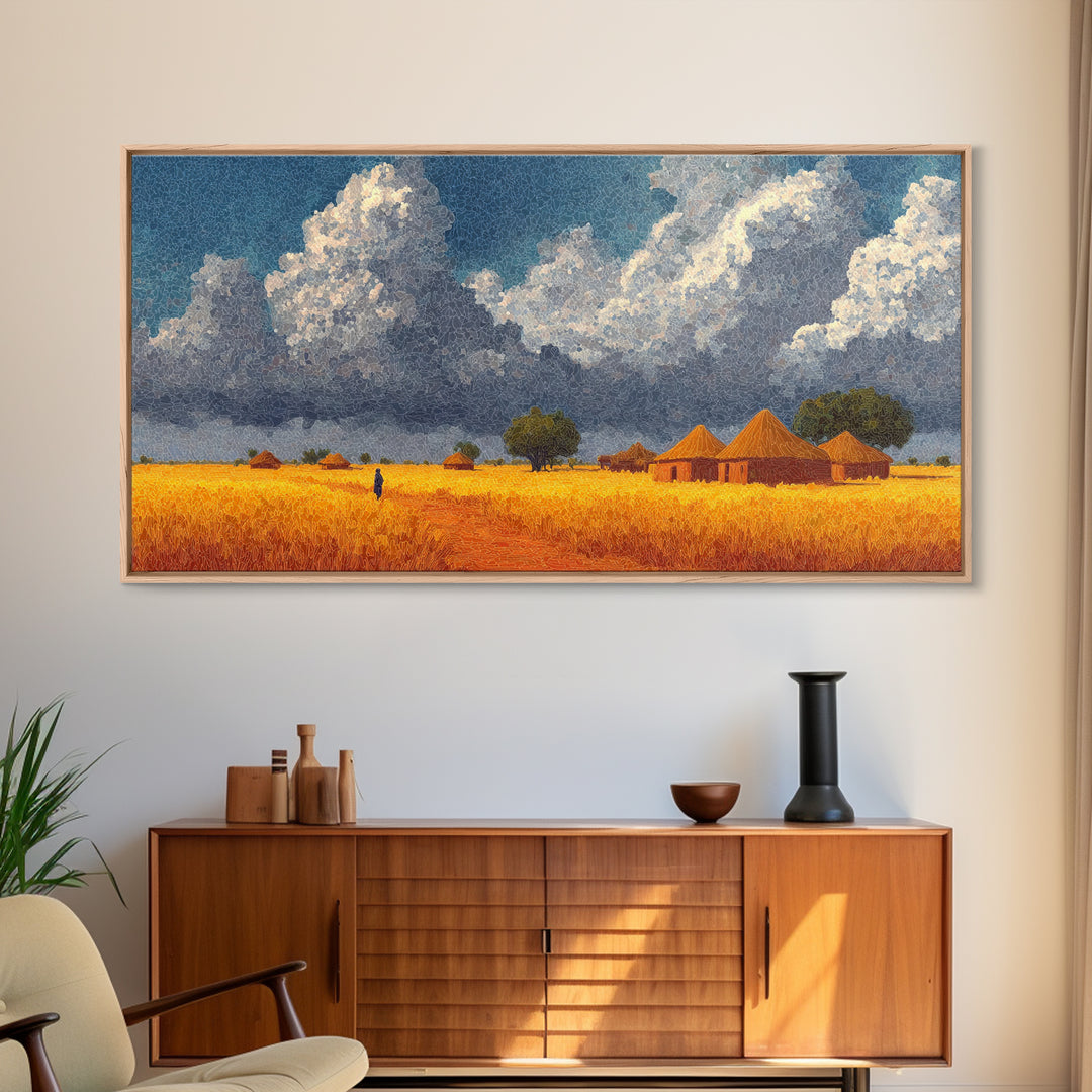 Golden Savanna Village With Storm Clouds Framed Canvas Print, African Landscape, Safari Art, Rustic Home Decor, Africa Painting