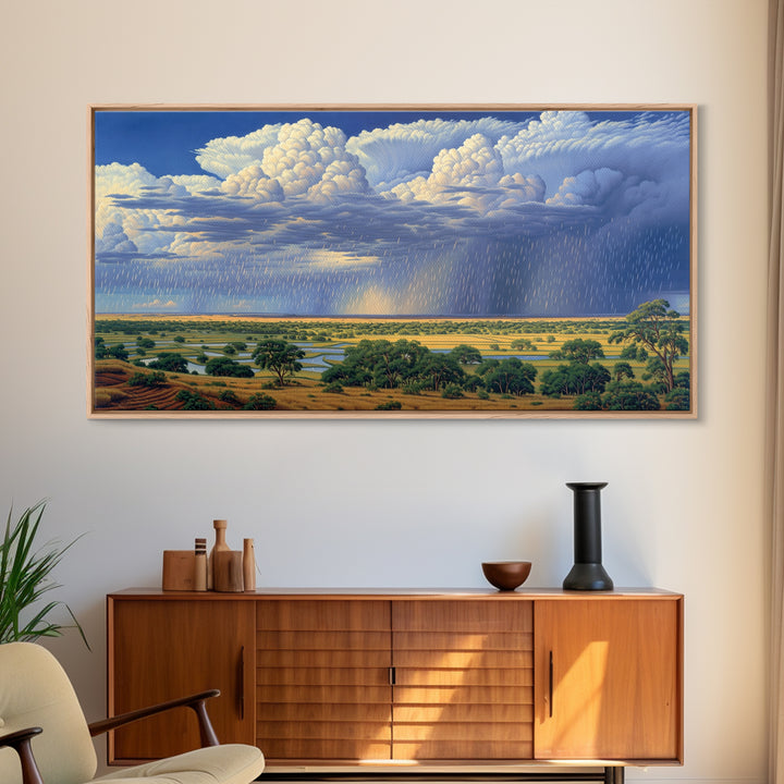 Blue Rain Clouds Over Green Savanna Wall Art, African Safari Art, Serengeti Wall Art, Nature Scene Art, Large Decor Art Gift