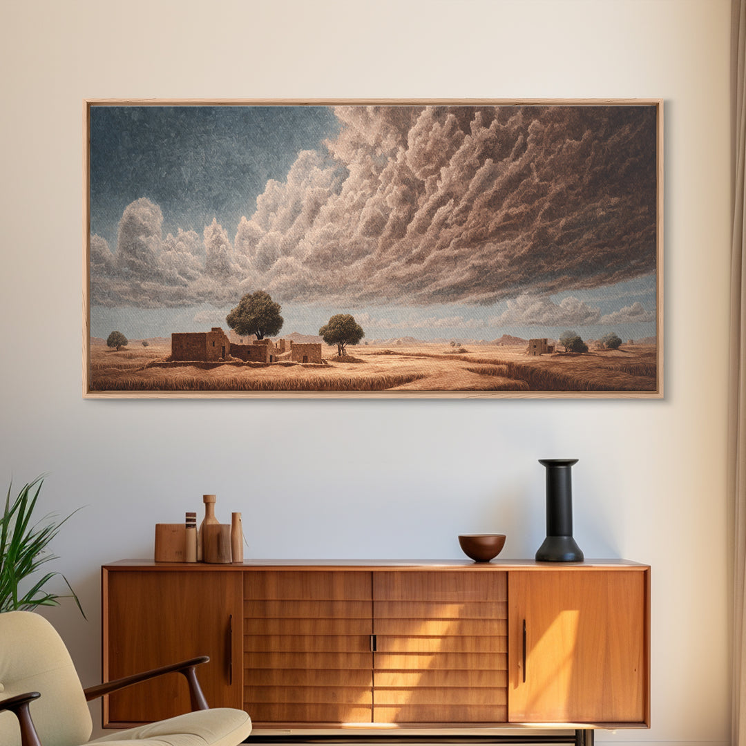 Desert Village Beneath Giant Storm Clouds Framed Canvas Print, African Landscape, Earth Tone Wall Art, Rustic Decor Gift