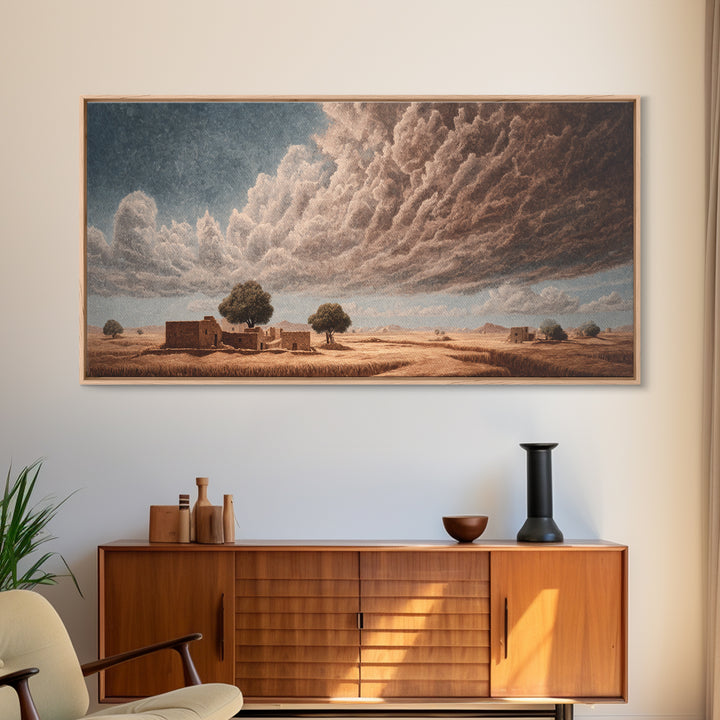 Desert Village Beneath Giant Storm Clouds Framed Canvas Print, African Landscape, Earth Tone Wall Art, Rustic Decor Gift