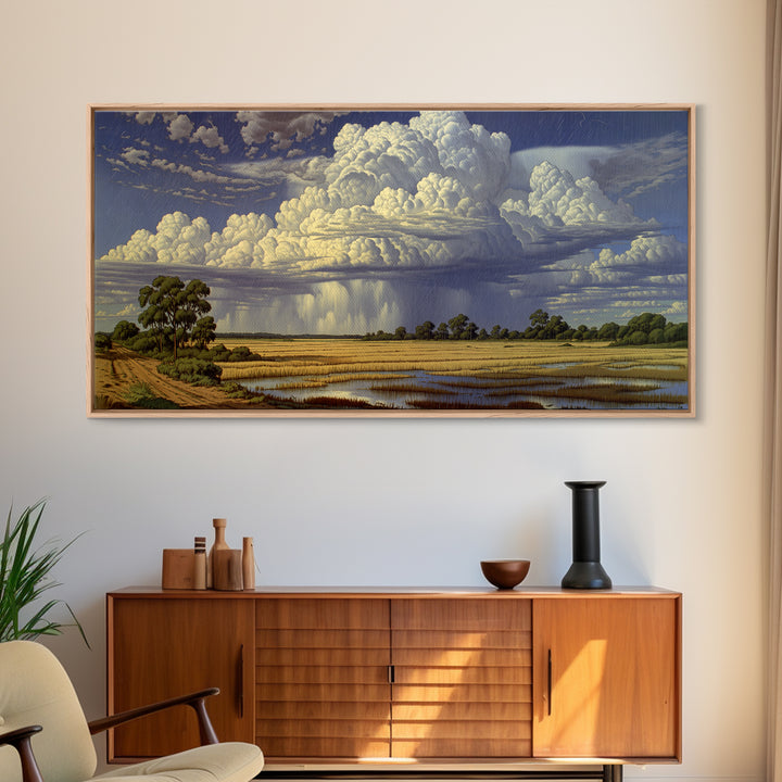 Majestic African Storm Clouds Over Wetlands Wall Art, Panoramic Safari Landscape, Motherland Decor, Large Canvas Print, Nature Art