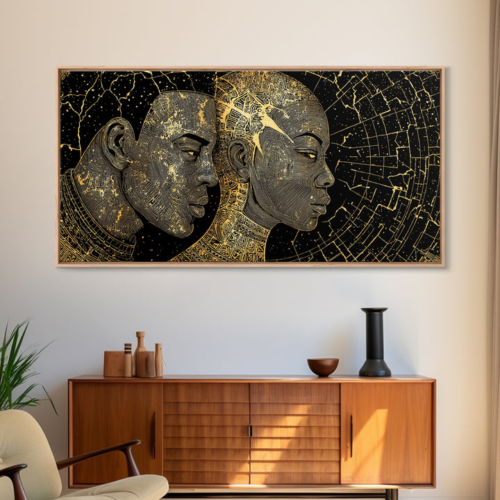 Golden African Profiles With Celestial Patterns Canvas Print, Afrocentric Portrait Wall Art, Black Culture Decor, Unique Gift