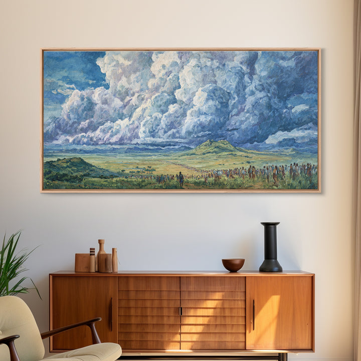 Vast African Plains Under Towering Blue Storm Clouds Canvas Print, Panoramic Wall Art, Cultural Landscape, Office Decor Art