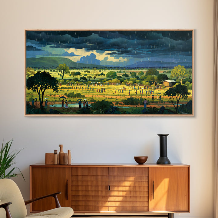 Rainy African Village Fields With Dark Monsoon Sky Wall Art, Motherland Landscape, Cultural Home Decor, Framed Canvas Print