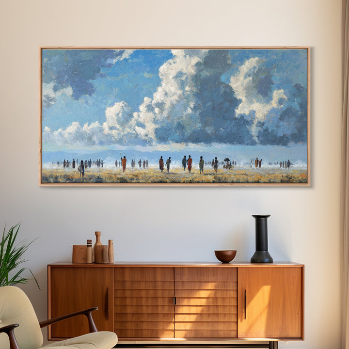Open African Horizon With Walking Figures And Soft Clouds Wall Art, Minimalist Landscape, Blue Sky Decor, Canvas Print, Gift