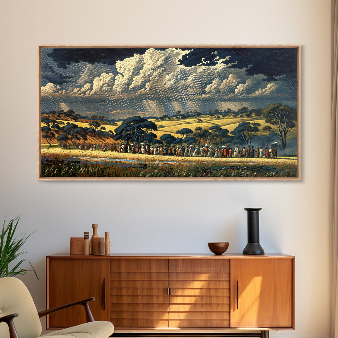 African Procession Through Sunlit Rainy Savanna Framed Canvas Print, Dramatic Storm Wall Art, Cultural Decor, Safari Gift