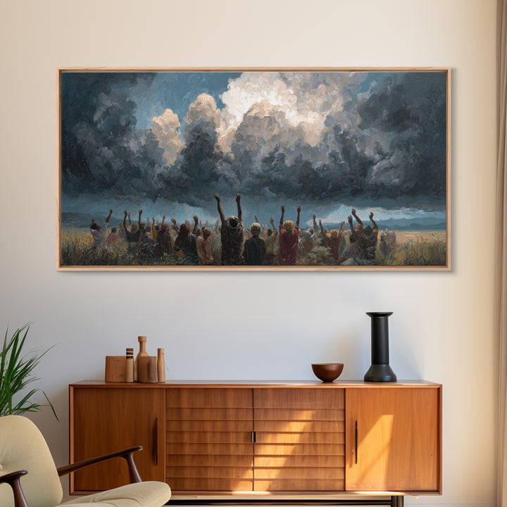 Joyful African Crowd Under Dramatic Storm Clouds Wall Art, Black Culture Celebration, Spiritual Decor, Panoramic Canvas Print