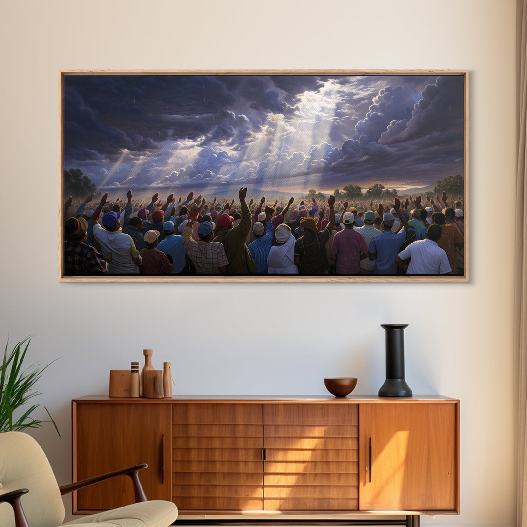 Hopeful African Gathering With Raised Hands Framed Canvas Print, Heavenly Storm Clouds Wall Art, Black Culture Decor Gift