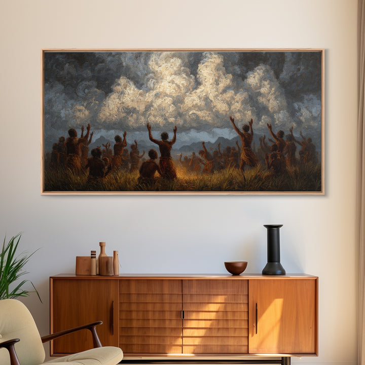 African Celebration Under Storm Clouds Wall Art, Afrocentric Culture Print, Black People Decor, Dramatic Safari Landscape