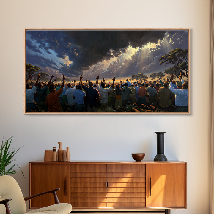 Sunlit African Gathering Beneath Storm Sky Canvas Print, Afrocentric Wall Decor, Spiritual Safari Scene, Cultural Home Art