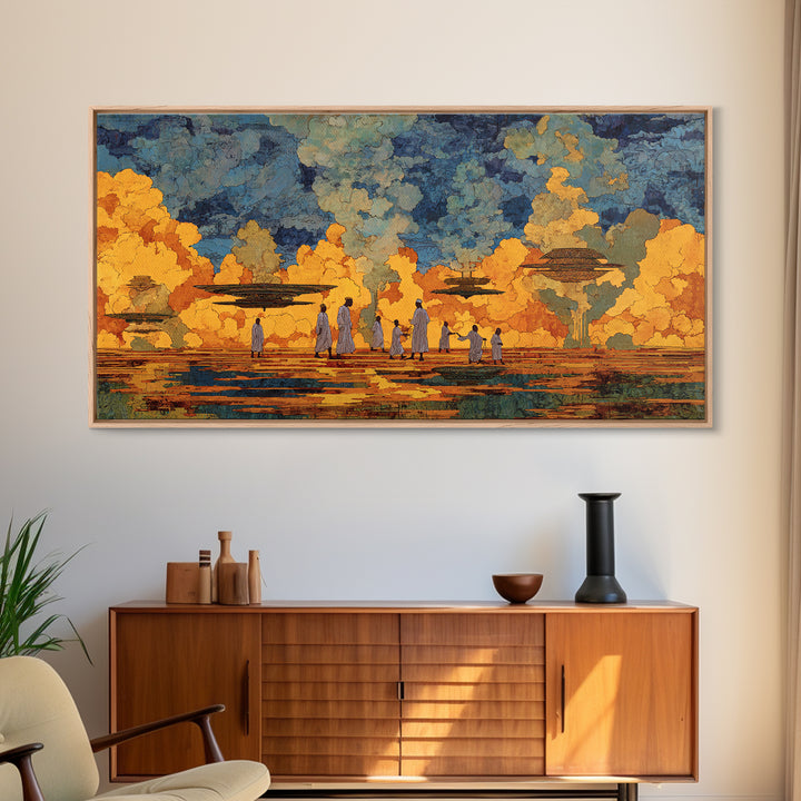 Golden African Village Scene Wall Art, Modern African Art Print, Cultural Landscape, Warm Earth Tone Living Room Decor Gift