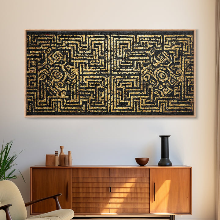 Black And Gold African Tribal Maze Canvas Print, Kuba Inspired Pattern Art, Ethnic Wall Decor, Bold Geometric Home Decor