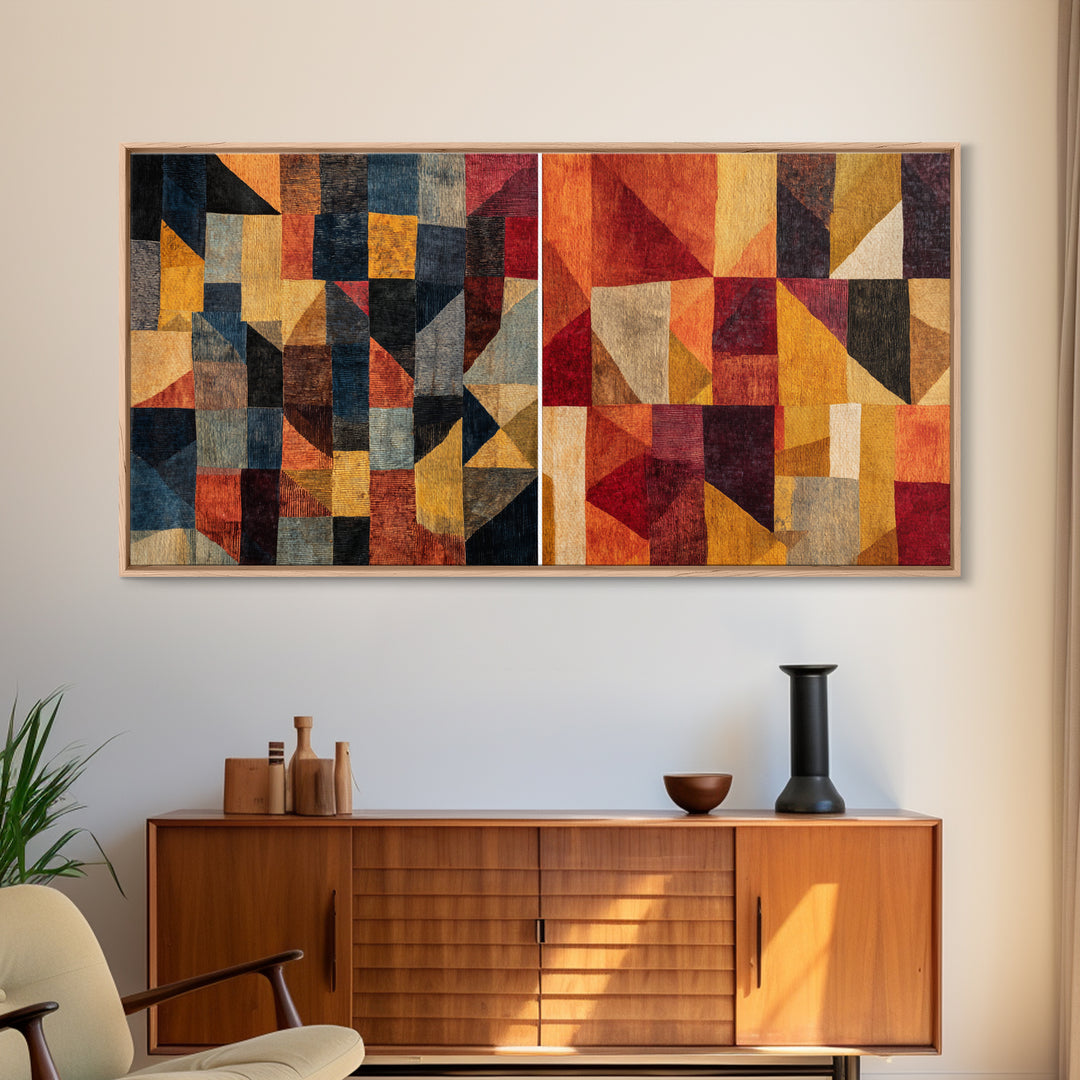Modern African Geometric Patchwork Canvas Print, Abstract Ethnic Wall Art, Earth Tone Cubism Decor, Bold Home Decor Gift