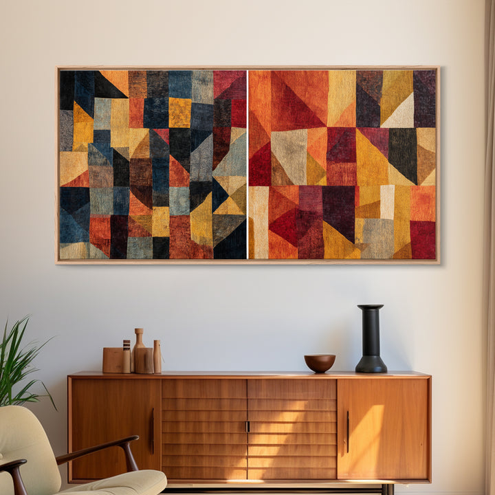 Modern African Geometric Patchwork Canvas Print, Abstract Ethnic Wall Art, Earth Tone Cubism Decor, Bold Home Decor Gift