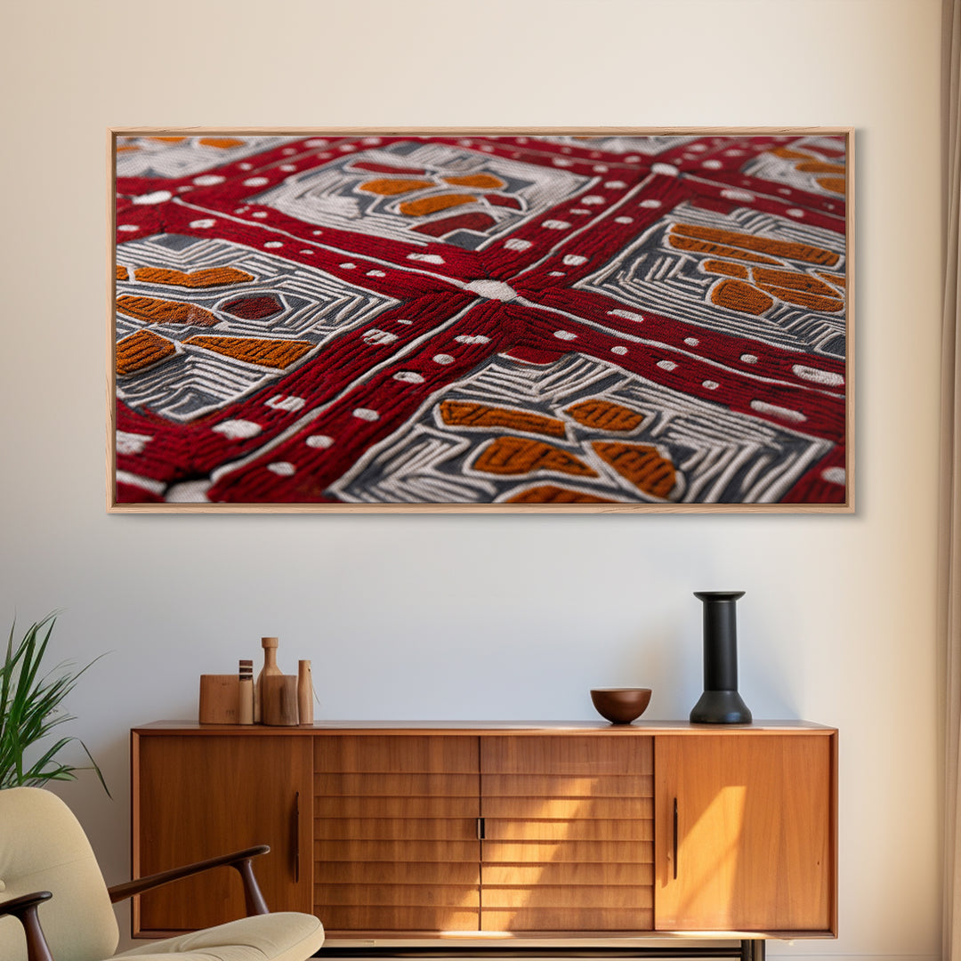 Red African Embroidered Textile Framed Canvas Print, Ankara Fabric Wall Decor, Tribal Pattern Art, Bold Cultural Home Decor