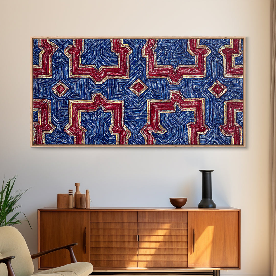 Red Blue Kuba Geometric Textile Pattern Wall Art, African Fabric Print, Tribal Decor, Modern African Art For Living Room