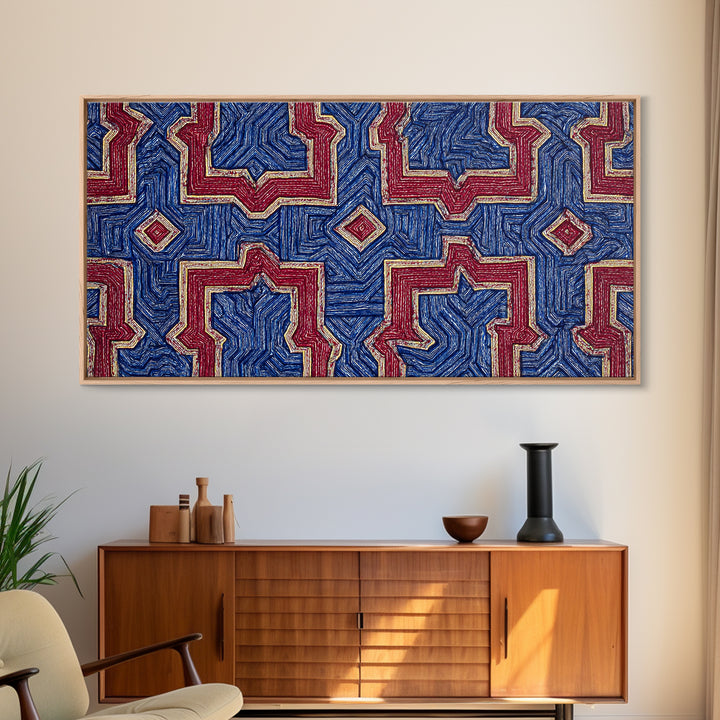 Red Blue Kuba Geometric Textile Pattern Wall Art, African Fabric Print, Tribal Decor, Modern African Art For Living Room