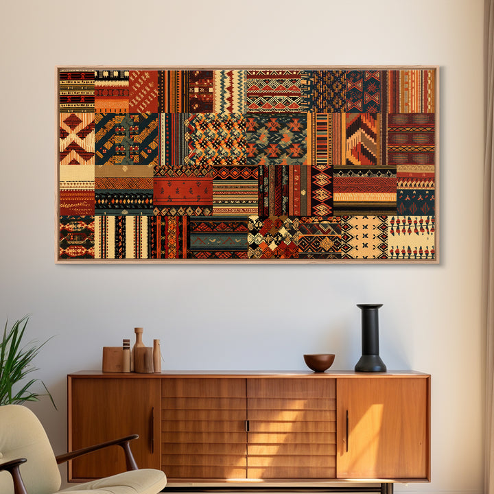 Tribal Ankara Quilt Textile Canvas Print, African Fabric Patterns, Boho Wall Decor, Ethnic Art Print For Modern Home Decor
