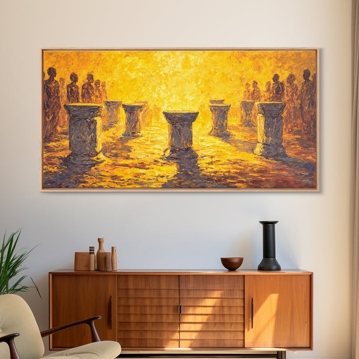 Golden Drum Ceremony Silhouette Wall Art, African Celebration Painting, Cultural Art Print, Warm Sunset Housewarming Gift