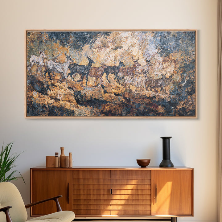 Blue Ochre Prehistoric Animal Herd Wall Art, African Rock Painting, Safari Decor, Earth Tone Tribal Art Print For Home Decor