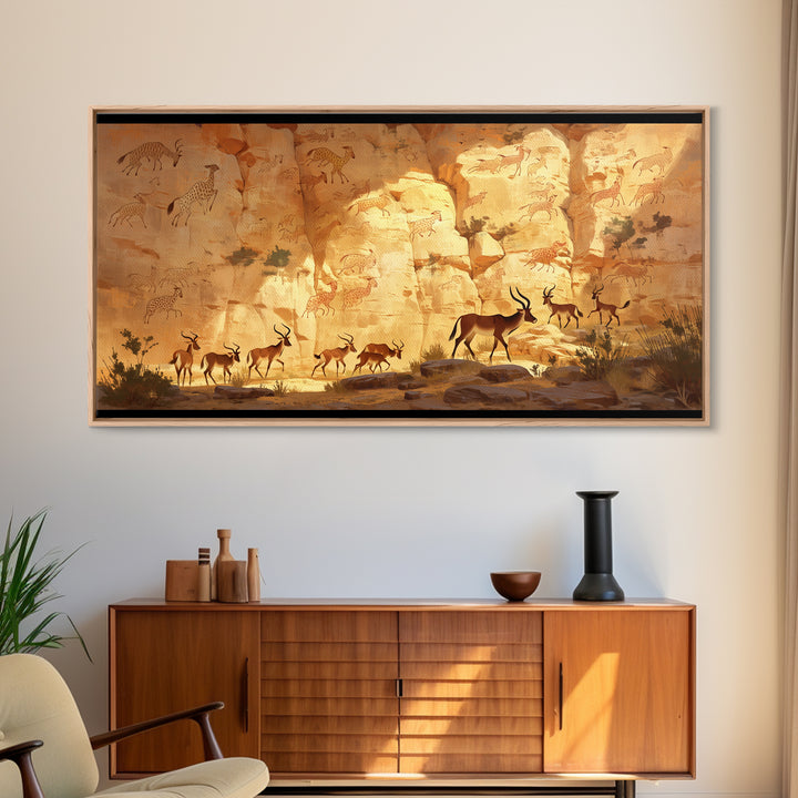 Desert Antelope Rock Art Framed Canvas Print, African Landscape, Safari Wall Decor, Ancient Cave Painting For Living Room