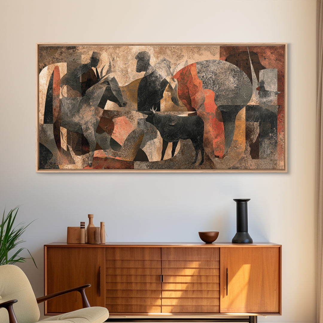 Abstract African Herdsmen And Cattle Wall Art, Modern Cubism, Tribal Decor, Earth Tone Canvas Print For Stylish Home Decor