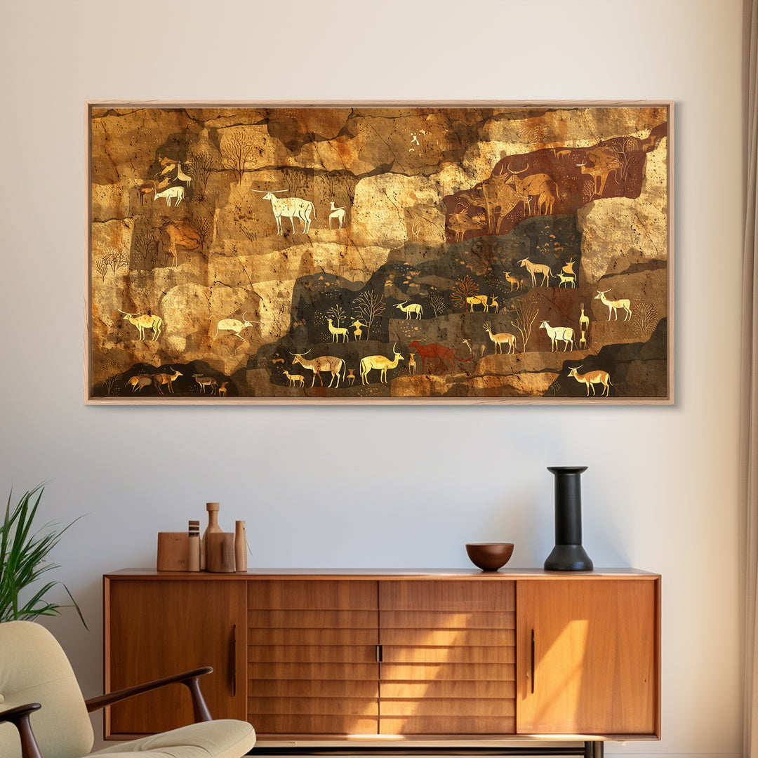 Ochre Cave Herd Rock Painting Canvas Print, African Animal Art, Tribal Wall Decor, Ancient Safari Artwork For Earth Tone Home