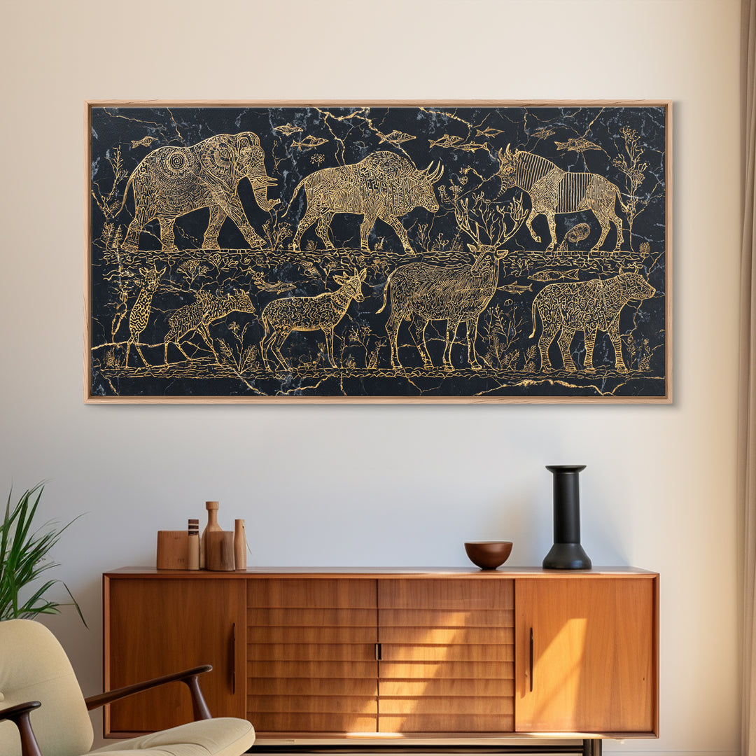Gold Safari Animal Linework With Elephants And Giraffes Wall Art, African Safari Art, Black And Gold Art, Living Room Decor