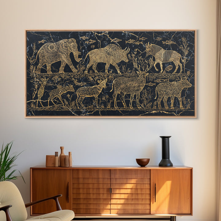 Gold Safari Animal Linework With Elephants And Giraffes Wall Art, African Safari Art, Black And Gold Art, Living Room Decor