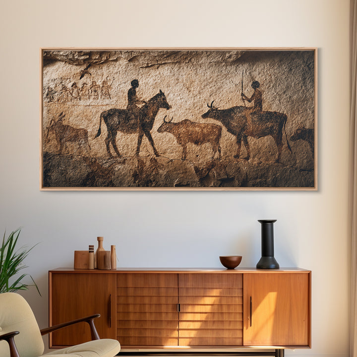 Ancient Cave Painting With Riders And Cattle Canvas Print, African Rock Art, Tribal Wall Decor, Rustic Home Decor Gift Idea