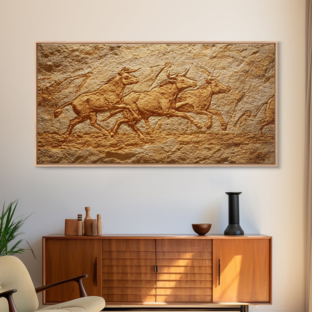 Carved Stone Antelope Herd In Ancient Cave Relief Wall Art, African Animal Art, Tribal Art Print, Earth Tone Decor, Rustic Home Decor