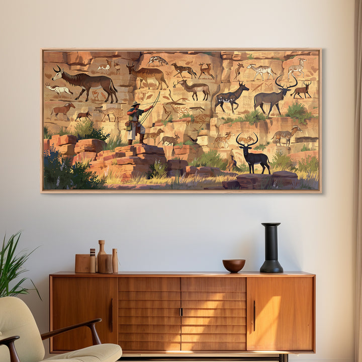 Desert Canyon Pictographs With Explorer And Antelope Canvas Print, African Inspired Rock Art, Safari Wall Decor Gift For Him