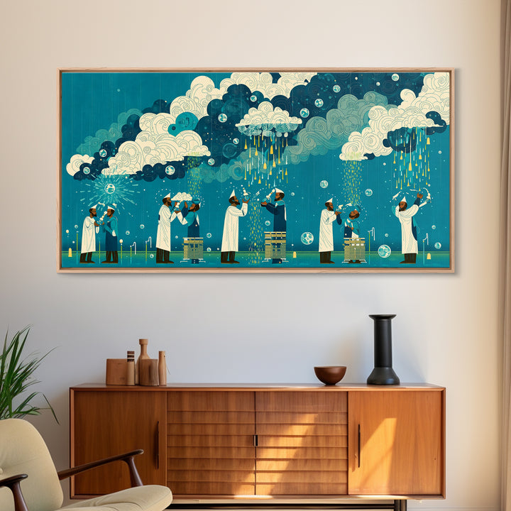 Scientists Harvesting Rain From Patterned Clouds Wall Art, Contemporary Art, Teal And Yellow Art, Modern Office Decor Gift