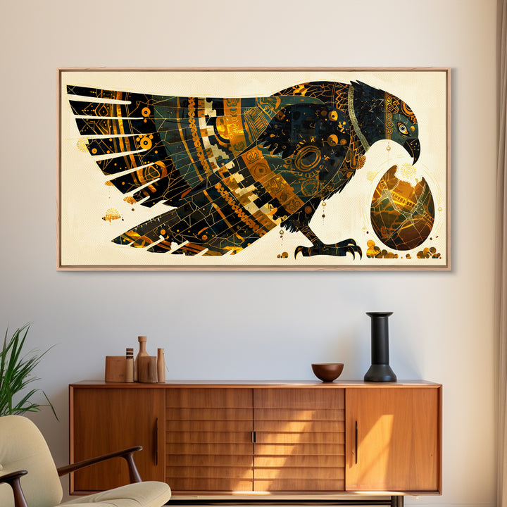 Ornate Egyptian Falcon With Golden Egg Canvas Print, African Egyptian Art, Black Gold Decor, Spiritual Wall Art Gift For Her