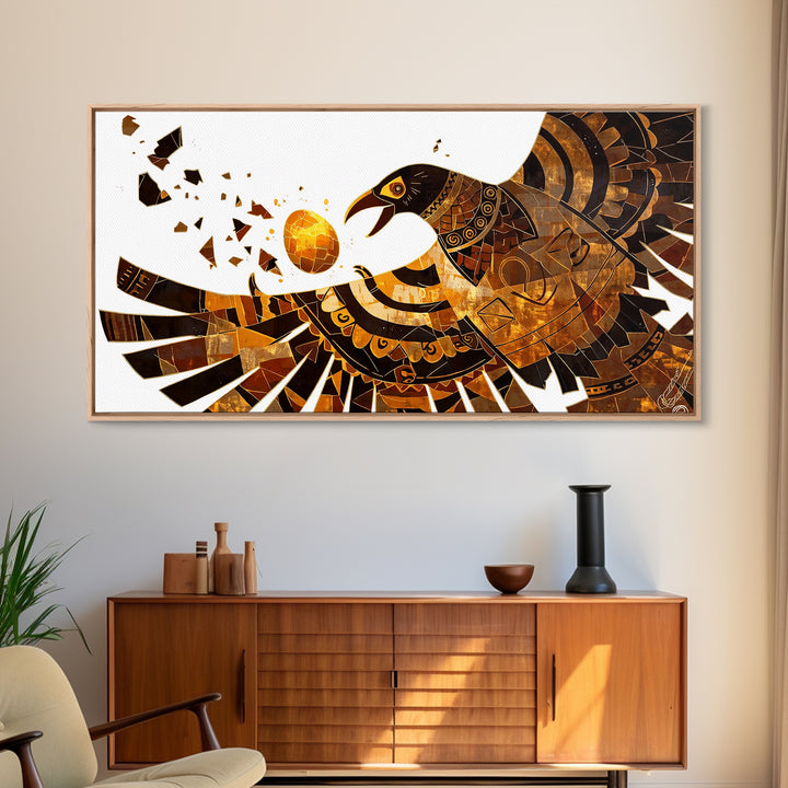Geometric Black Gold Eagle Holding Sun Orb Canvas Print, African Inspired Abstract Art, Bold Wall Decor, Unique Canvas Gift