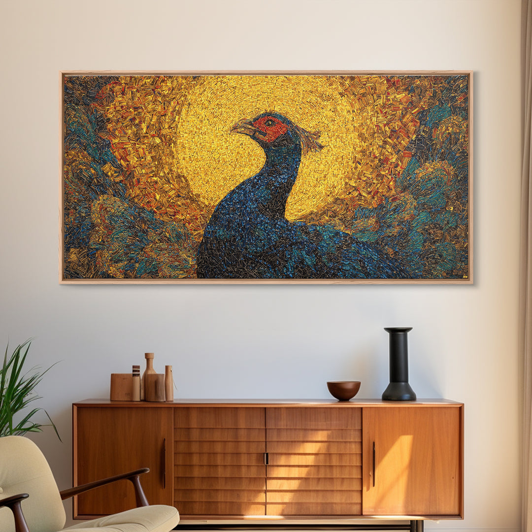 Blue Peacock Portrait Before Golden Sun Wall Art, African Inspired Bird Art, Textured Canvas Decor, Vibrant Living Room Gift