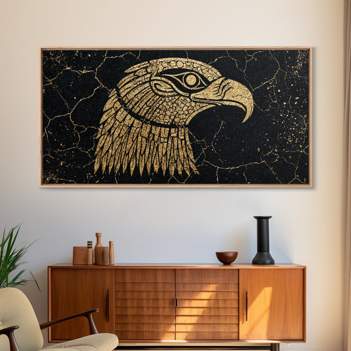 Gold Falcon Head On Black Cracked Stone Canvas Print, African Egyptian Art, Tribal Bird Decor, Luxury Wall Art Gift For Him