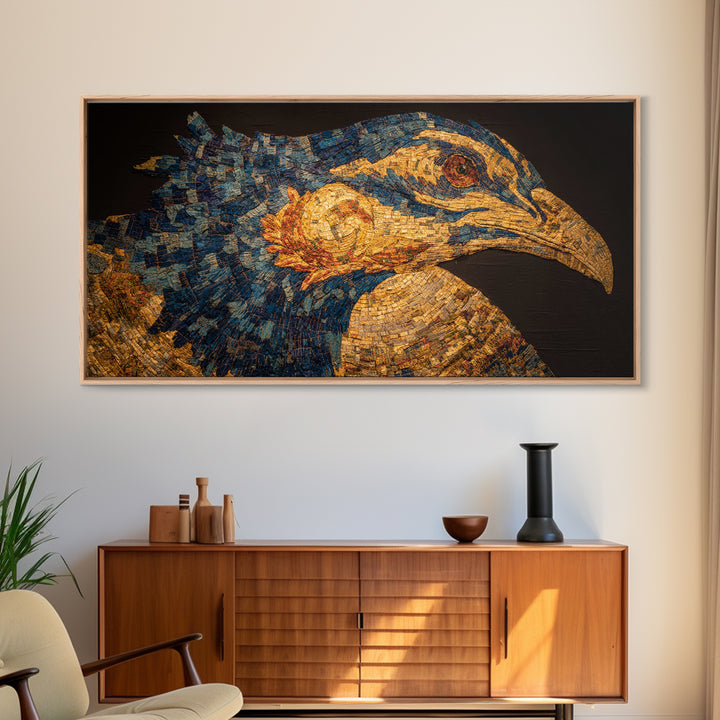 Blue And Gold African Bird Portrait Wall Art, Textured Safari Animal Artwork, Bold Modern African Decor Canvas Gift For Living Room