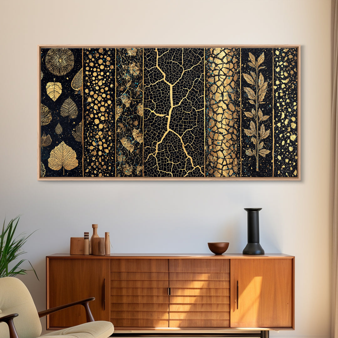 Black And Gold African Patterns Canvas Print, Luxury Abstract Tribal Textile Wall Decor, Modern Boho Home Decor Gift For Office