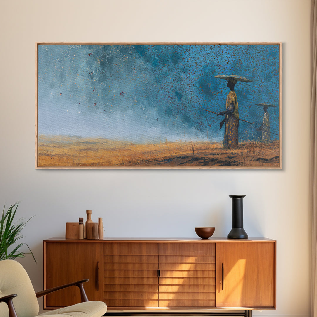 Blue Desert African Figures Wall Art, Minimalist Safari Landscape Painting, Modern Cultural Home Decor Canvas Gift For Bedroom