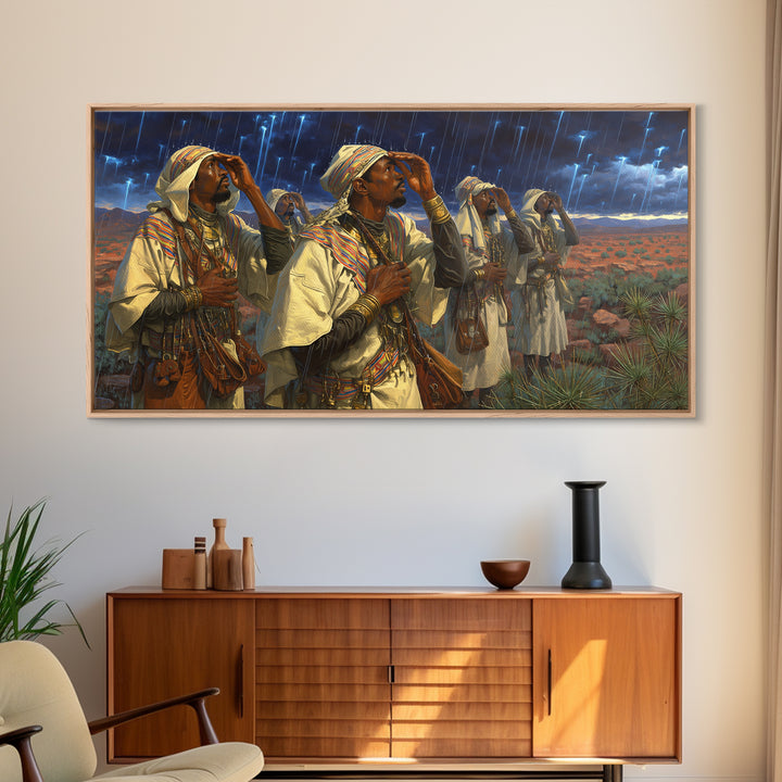 Berber Storm Watchers Canvas Print, African Warrior Art, Desert Lightning Scene, Tribal Wall Decor For Living Room And Office