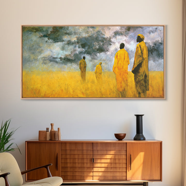 Yellow Robed African Figures Framed Canvas Print, Dreamy Savannah Landscape Wall Art, Cultural Home Decor Gift For Living Room