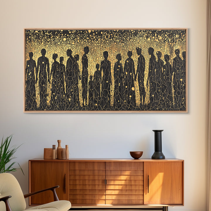 Gold African Silhouette Crowd Wall Art, Abstract Tribal Figures, Black And Gold Cultural Decor Canvas Print Gift For Office