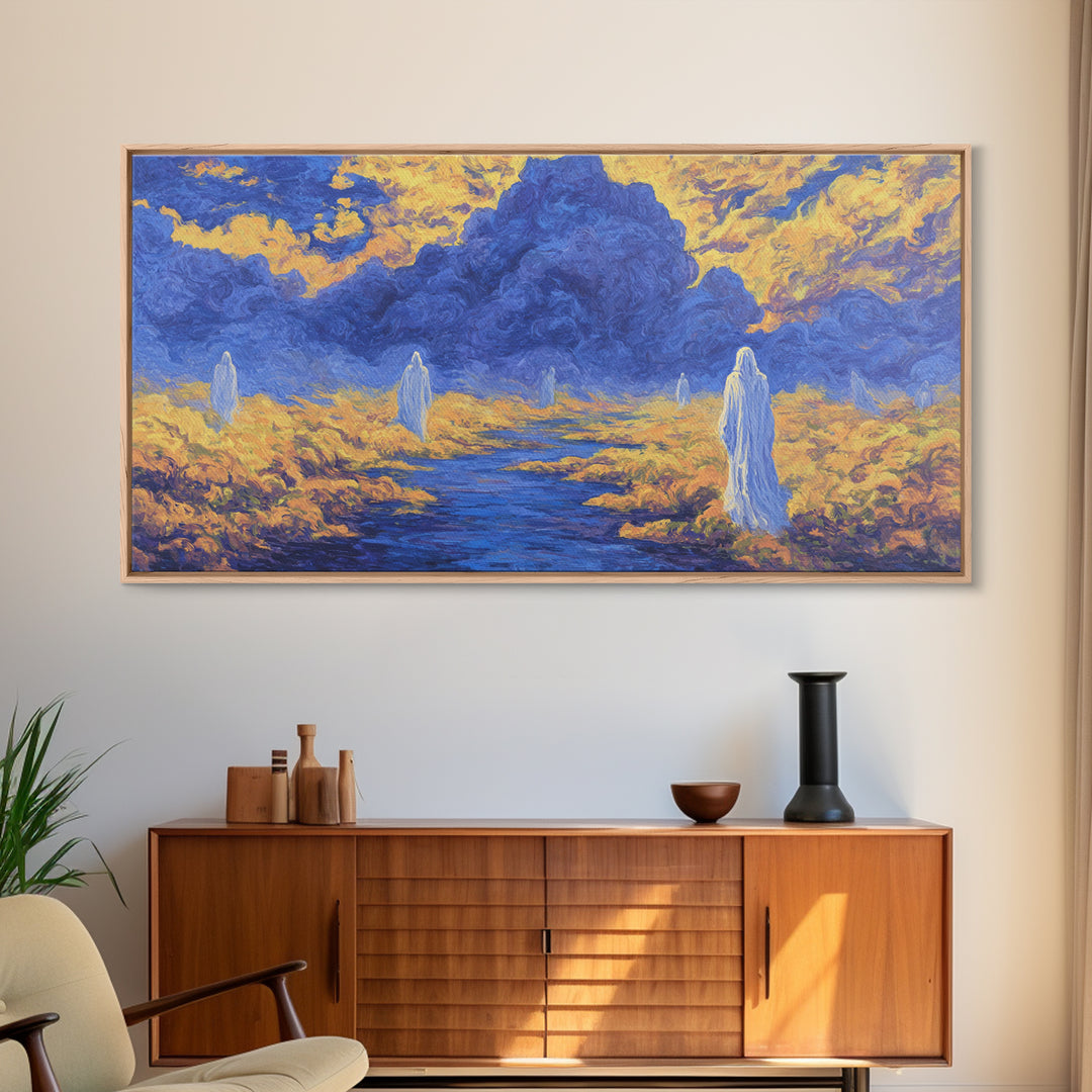 Blue Gold African Spirit Landscape Canvas Print, Mystical Savannah Wall Art, Dreamy Cultural Decor For Living Room And Office
