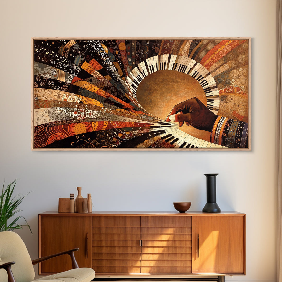 African Piano Sunburst Framed Canvas Print, Musician Hand Wall Art, Modern African Art, Afrocentric Culture Decor Gift Idea