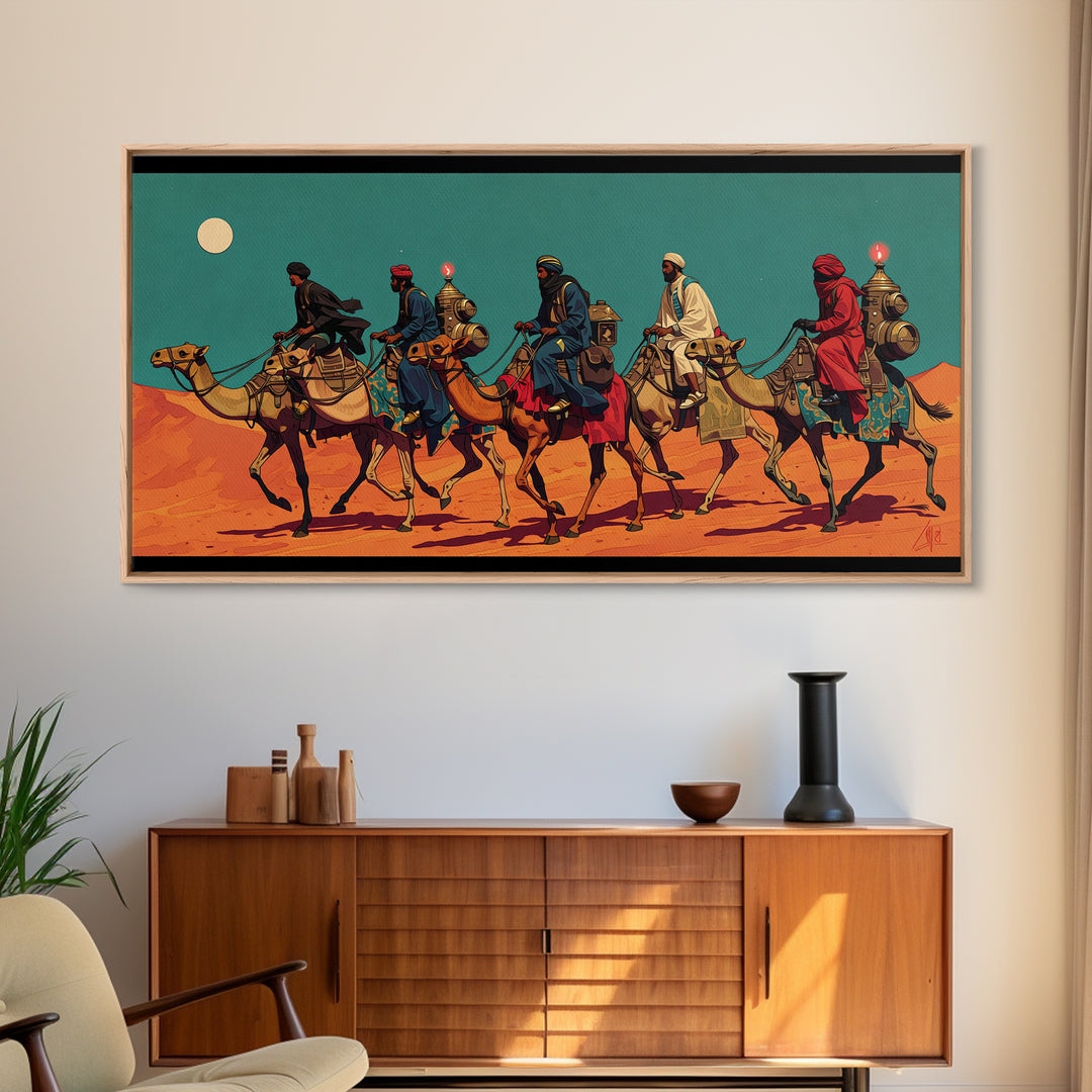 Camel Caravan Desert Travelers Wall Art, African Safari Art Print, Moroccan Travel Decor, Boho Southwestern Canvas Gift For Home