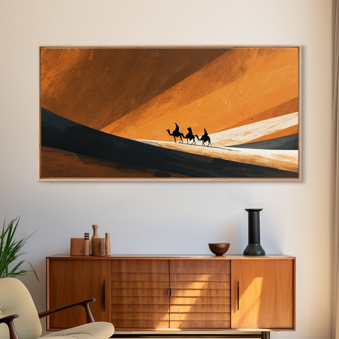 Minimal Camel Riders In Orange Dunes Canvas Print, African Landscape Wall Art, Desert Travel Poster, Earth Tone Decor Gift