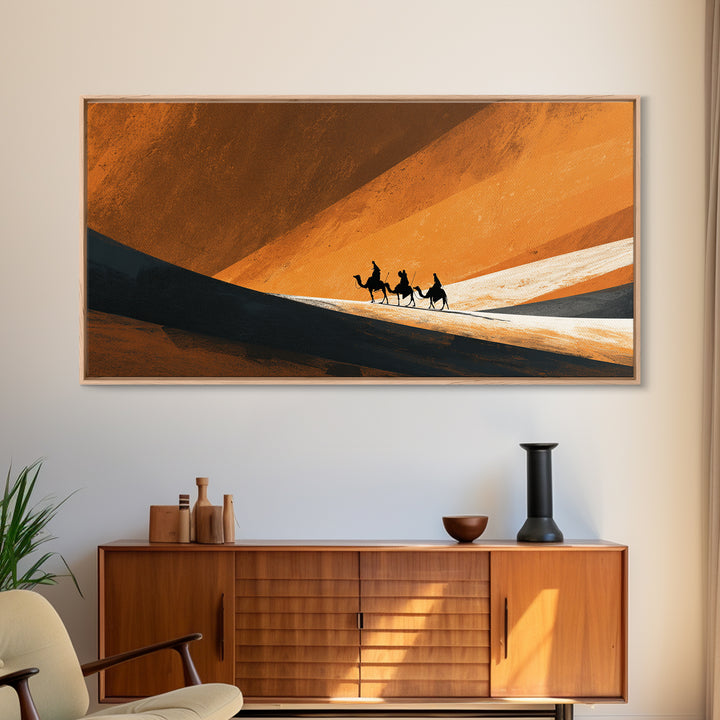 Minimal Camel Riders In Orange Dunes Canvas Print, African Landscape Wall Art, Desert Travel Poster, Earth Tone Decor Gift